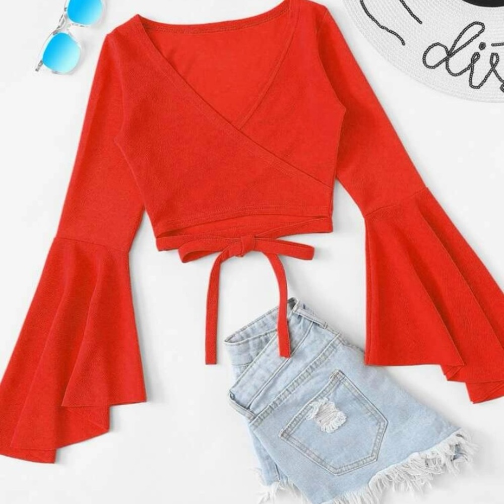 SHEIN Bell Sleeve Self-Tie Crop Top